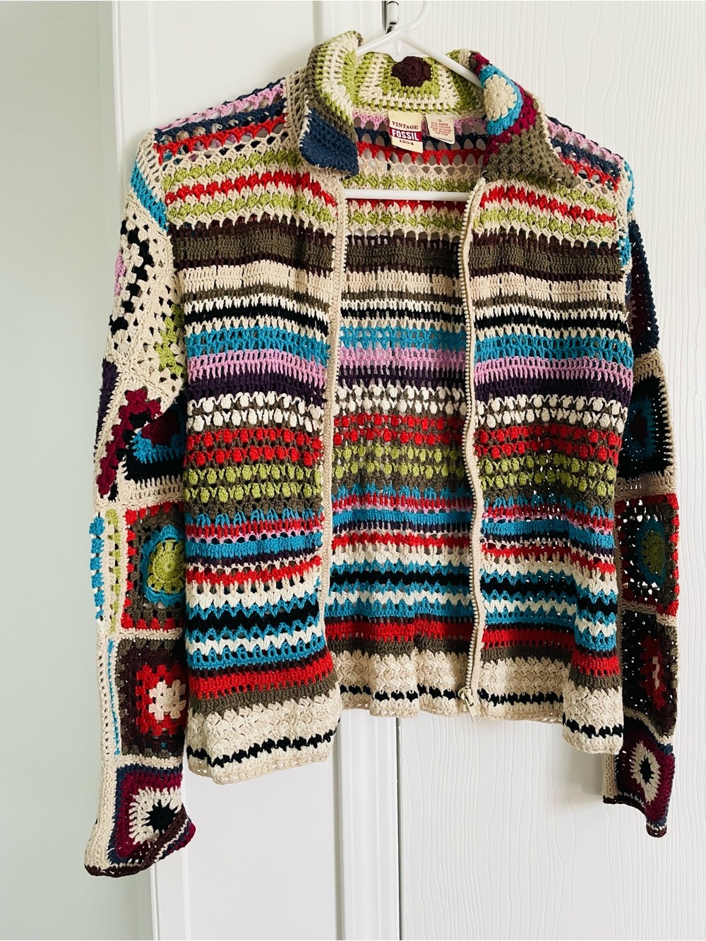 Fossil Multicolor Crochet Zip-Front Cardigan